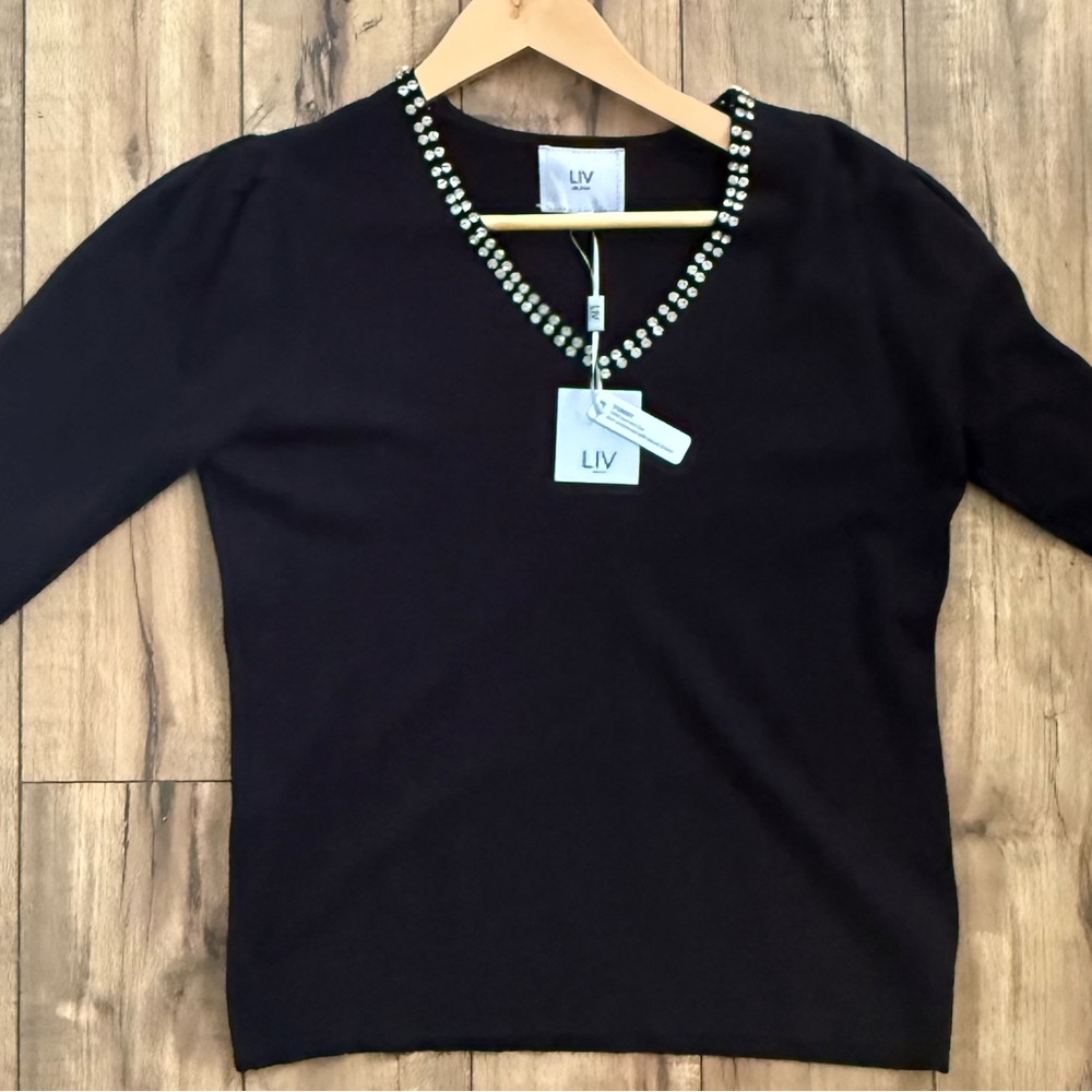 LIV Milano Black Rhinestone V-Neck Sweater XS Soft Knit Elegant Top NWT
